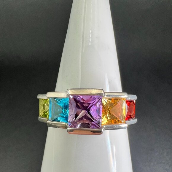 Sterling Silver Multi Gemstone Band Ring Size 8.5 Princess Cut 925 Amethyst - Picture 1 of 9